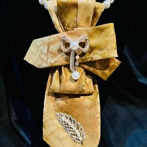 Elegant Gold Necktie with Pearl and Rhinestone Accents